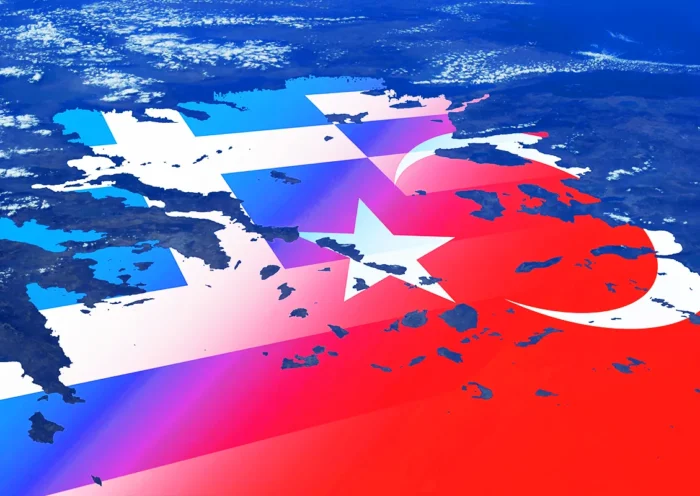 las banderas de Grecia y Turquía sobre un mapa del Mar Egeo
