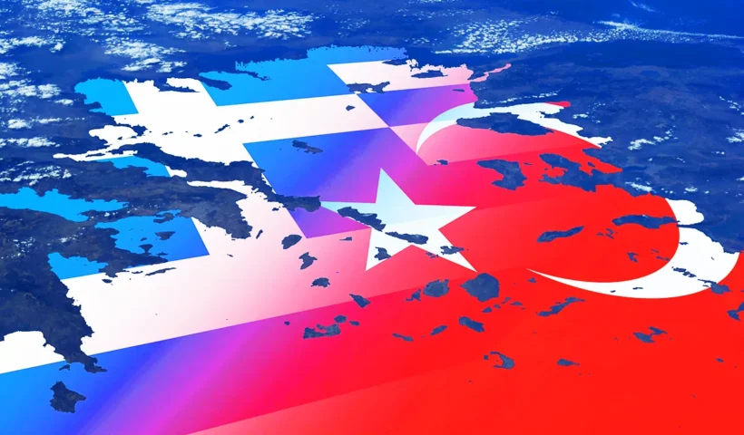 the flags of Greece and Turkey on a map of the Aegean Sea
