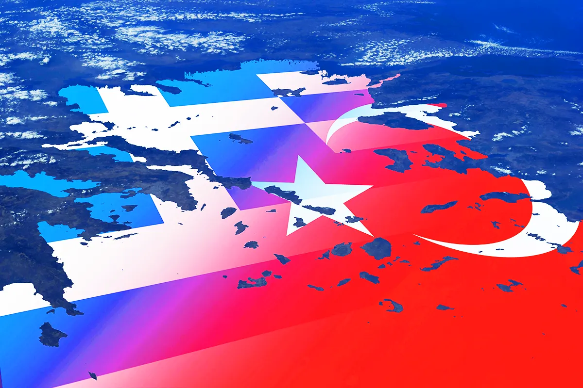 the flags of Greece and Turkey on a map of the Aegean Sea