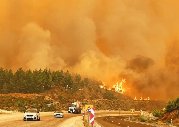 varios vehículos circulando por una autopista junto a un monte ardiendo y rodeado de humo, en medio de un paisaje anaranjado y cuasi-apocalíptico