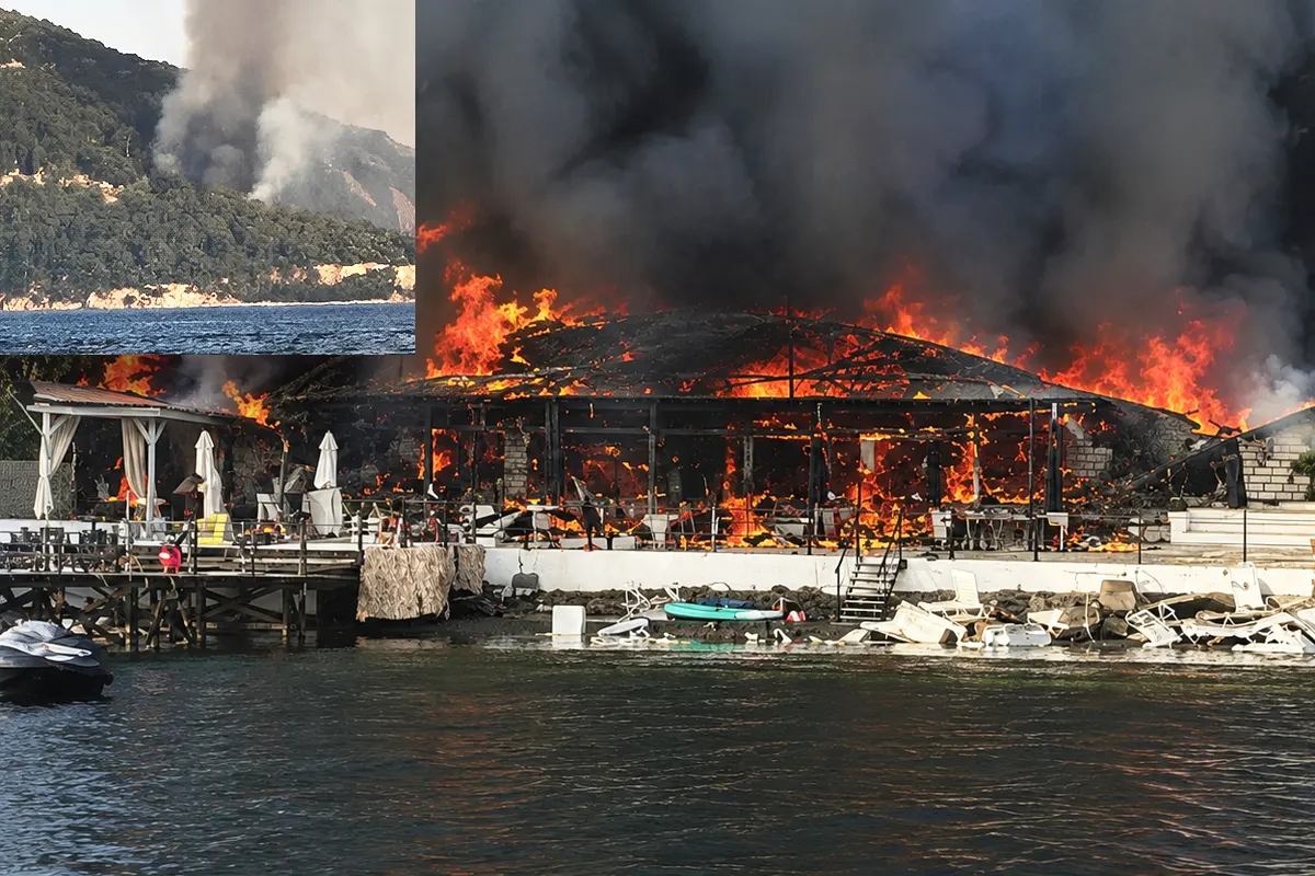 un restaurante junto a una playa ardiendo completamente; en una esquina, imagen de un bosque ardiendo