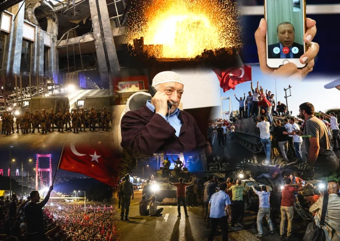 numerosas imágenes mostrando diferentes momentos del intento de golpe de Estado en Turquía el 15 de julio de 2016, y en medio al clérigo Fethullah Gülen hablando por teléfono