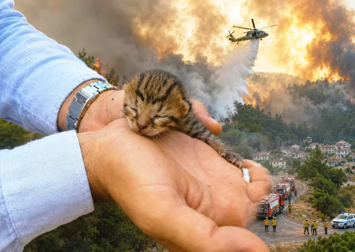 A man is holding a kitten, just a few days old, in his hands; in the background, there are images of a helicopter dropping water on a forest fire that is approaching some houses