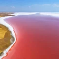 An aerial view of Lake Tuz in Turkey, completely tinged with pink-red, contrasting with the white shoreline and the yellowish fields surrounding it