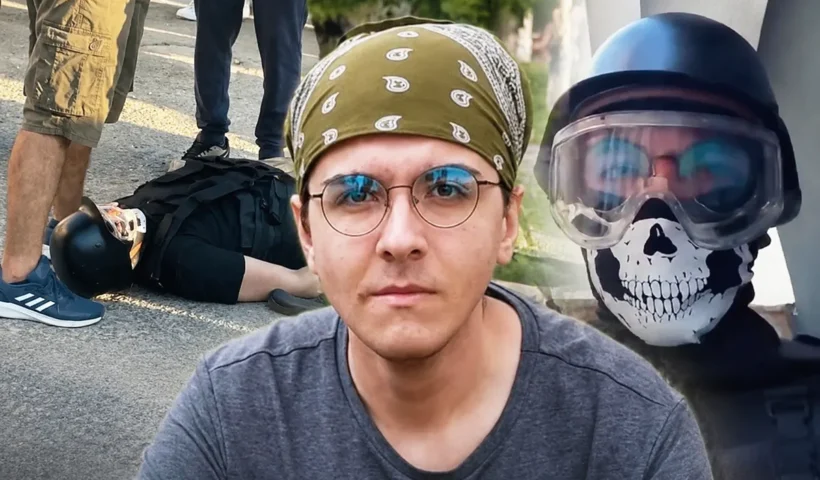 a picture of a young man wearing a T-shirt and with his head covered by a scarf, alongside another in which he is wearing a helmet, a mask and goggles, and others of him lying on the ground in handcuffs