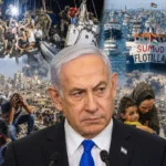 en primer plano Netanyahu con gesto serio, de fondo imágenes de la flotilla Sumud y del abordaje israelí, junto con imágenes de los bombardeos sobre Gaza y de las víctimas civiles