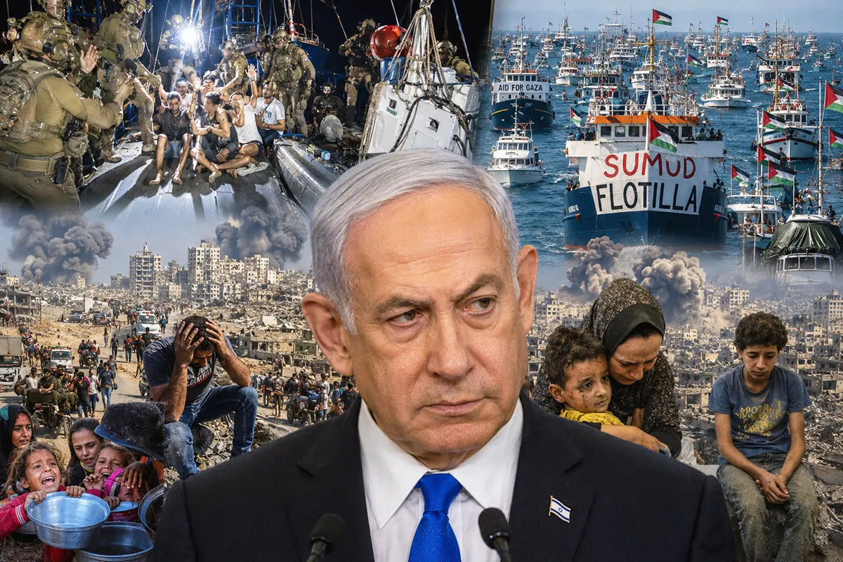 en primer plano Netanyahu con gesto serio, de fondo imágenes de la flotilla Sumud y del abordaje israelí, junto con imágenes de los bombardeos sobre Gaza y de las víctimas civiles