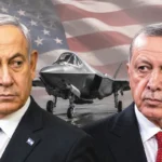 imágenes representando a Netanyahu y Erdoğan mirándose con desconfianza; de fondo aparece un caza F-35 y la bandera de Estados Unidos