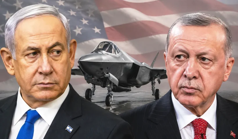 imágenes representando a Netanyahu y Erdoğan mirándose con desconfianza; de fondo aparece un caza F-35 y la bandera de Estados Unidos
