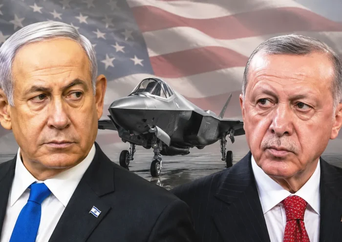 images depicting Netanyahu and Erdoğan looking at each other warily; in the background, an F-35 fighter jet and the US flag can be seen