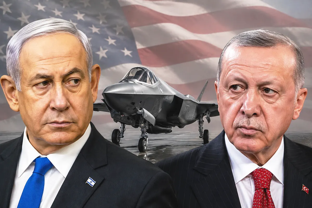 images depicting Netanyahu and Erdoğan looking at each other warily; in the background, an F-35 fighter jet and the US flag can be seen