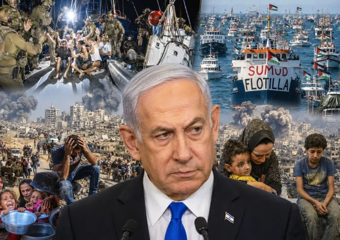 Netanyahu in the foreground with a serious expression; in the background, footage of the Sumud flotilla and the Israeli boarding operation, alongside footage of the bombings in Gaza and the civilian casualties