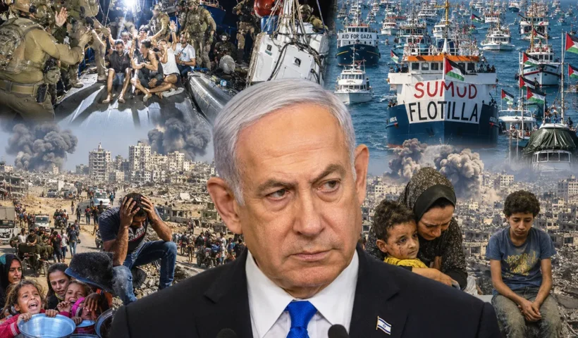 Netanyahu in the foreground with a serious expression; in the background, footage of the Sumud flotilla and the Israeli boarding operation, alongside footage of the bombings in Gaza and the civilian casualties