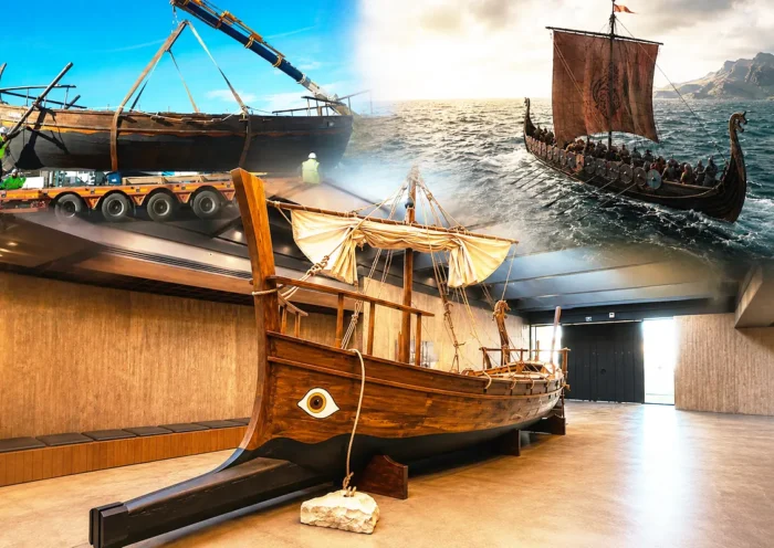 several images showing a replica of the ship from The Odyssey on display at the Troy Museum