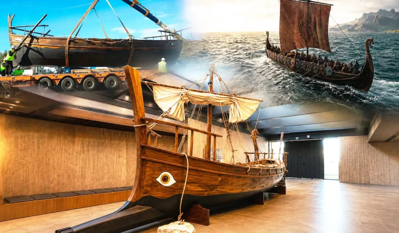 several images showing a replica of the ship from The Odyssey on display at the Troy Museum