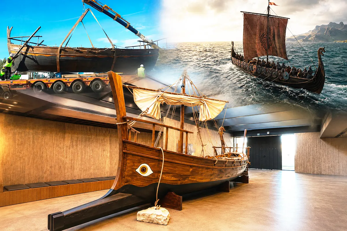 several images showing a replica of the ship from The Odyssey on display at the Troy Museum