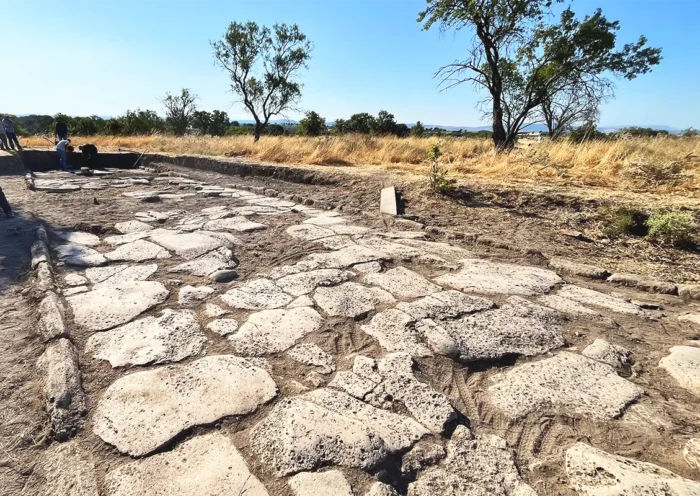 remains of a cobbled Roman street alongside a group of archaeologists