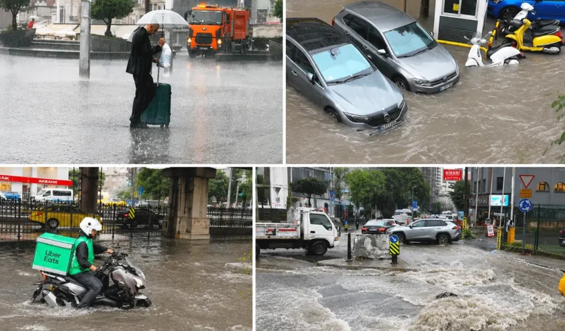 several scenes of flooded streets and vehicles submerged in water in Istanbul