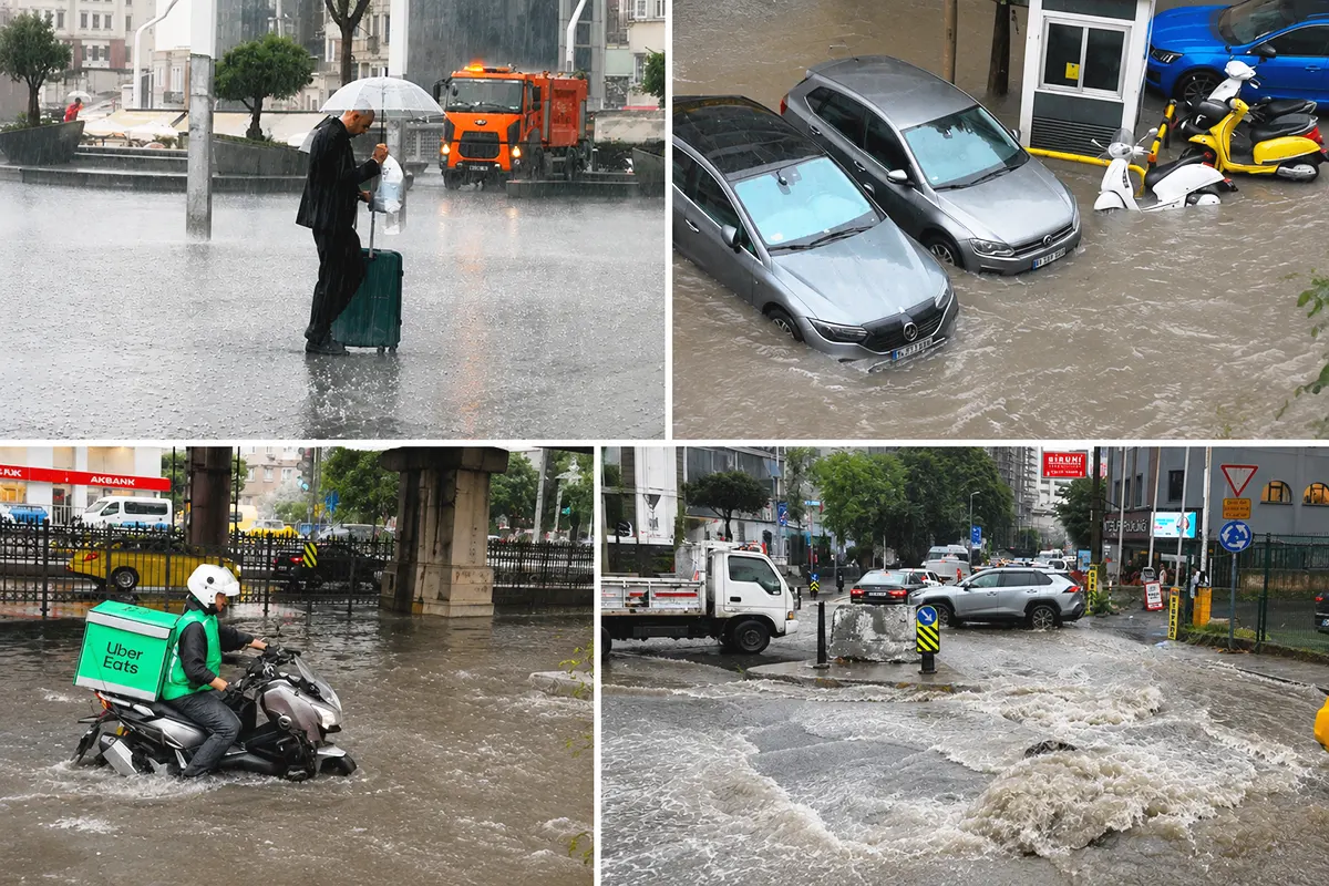 several scenes of flooded streets and vehicles submerged in water in Istanbul