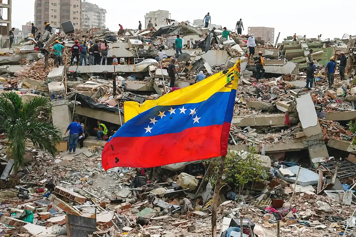 una bandera de Venezuela junto a un edificio derrumbado por los terremotos lleno de rescatadores