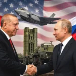 an image showing Erdoğan and Putin shaking hands, alongside the flags of Turkey and Russia; in the background are an S-400 system, an F-35 fighter jet and a US flag