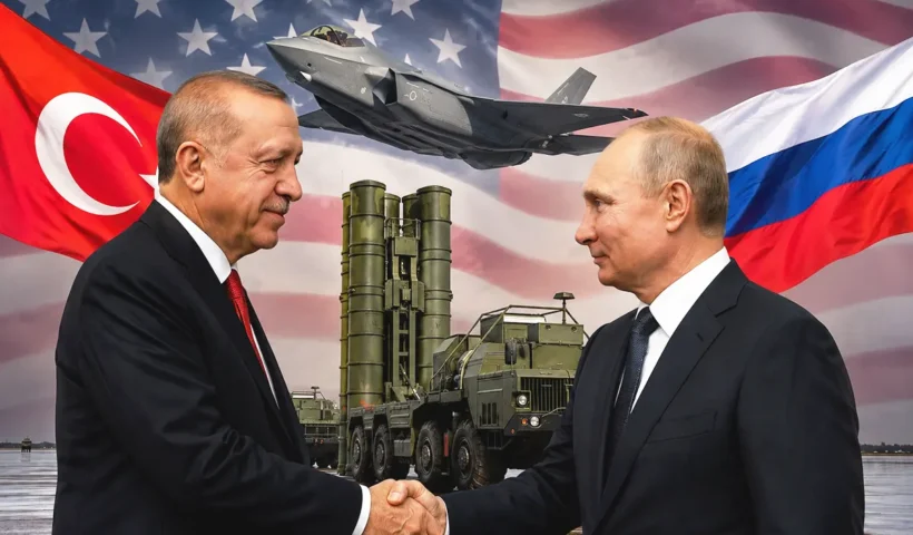 an image showing Erdoğan and Putin shaking hands, alongside the flags of Turkey and Russia; in the background are an S-400 system, an F-35 fighter jet and a US flag