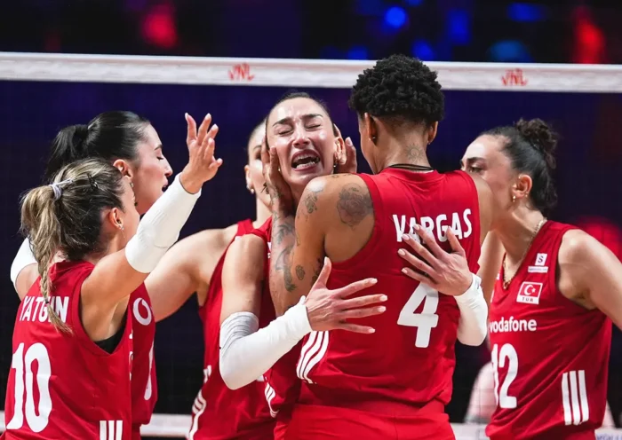 Players from the Turkish women’s national volleyball team celebrate their second gold medal in the Volleyball Nations League (VNL)