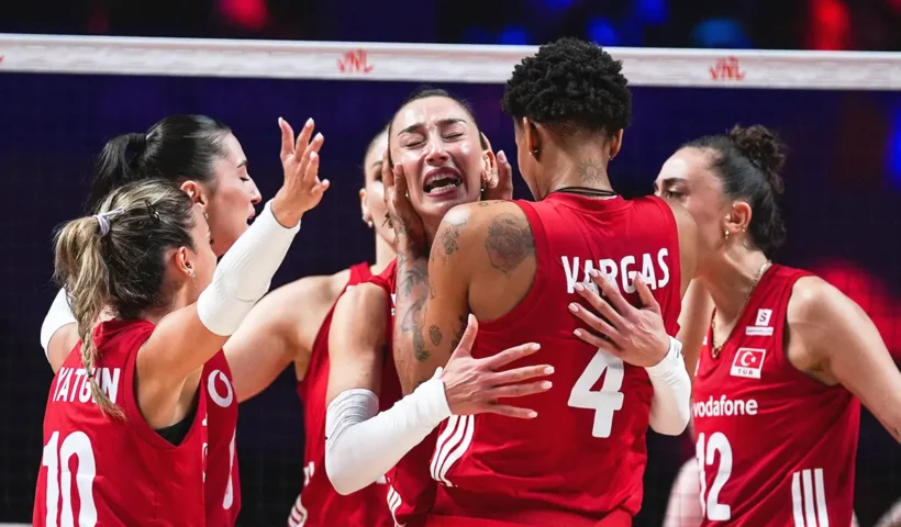 Players from the Turkish women’s national volleyball team celebrate their second gold medal in the Volleyball Nations League (VNL)