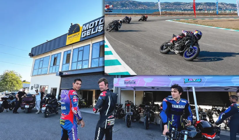 Turkish actor Kıvanç Tatlıtuğ alongside world champion Toprak Razgatlıoğlu, getting ready to get on a motorbike at a race circuit.