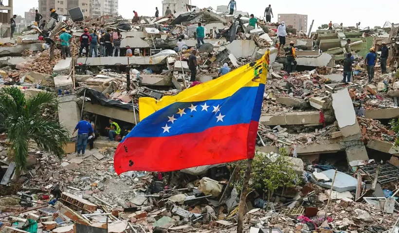 a Venezuelan flag next to a building that collapsed in the earthquakes, filled with rescue workers