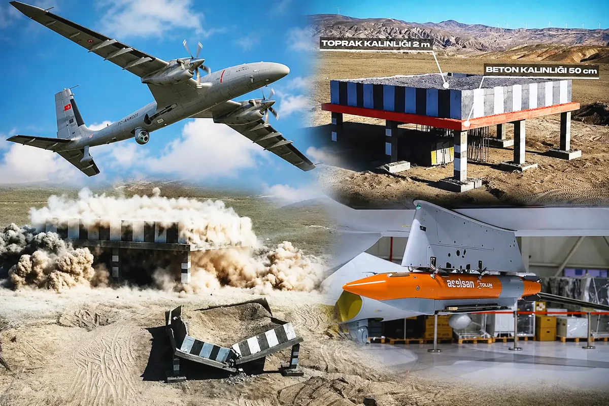 several images of an Akıncı drone dropping a Tolun-P bunker-busting bomb on a concrete structure, which is completely destroyed