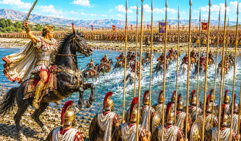 Alejandro Magno ordenando a sus hombres atacar a los persas en la batalla del río Gránico