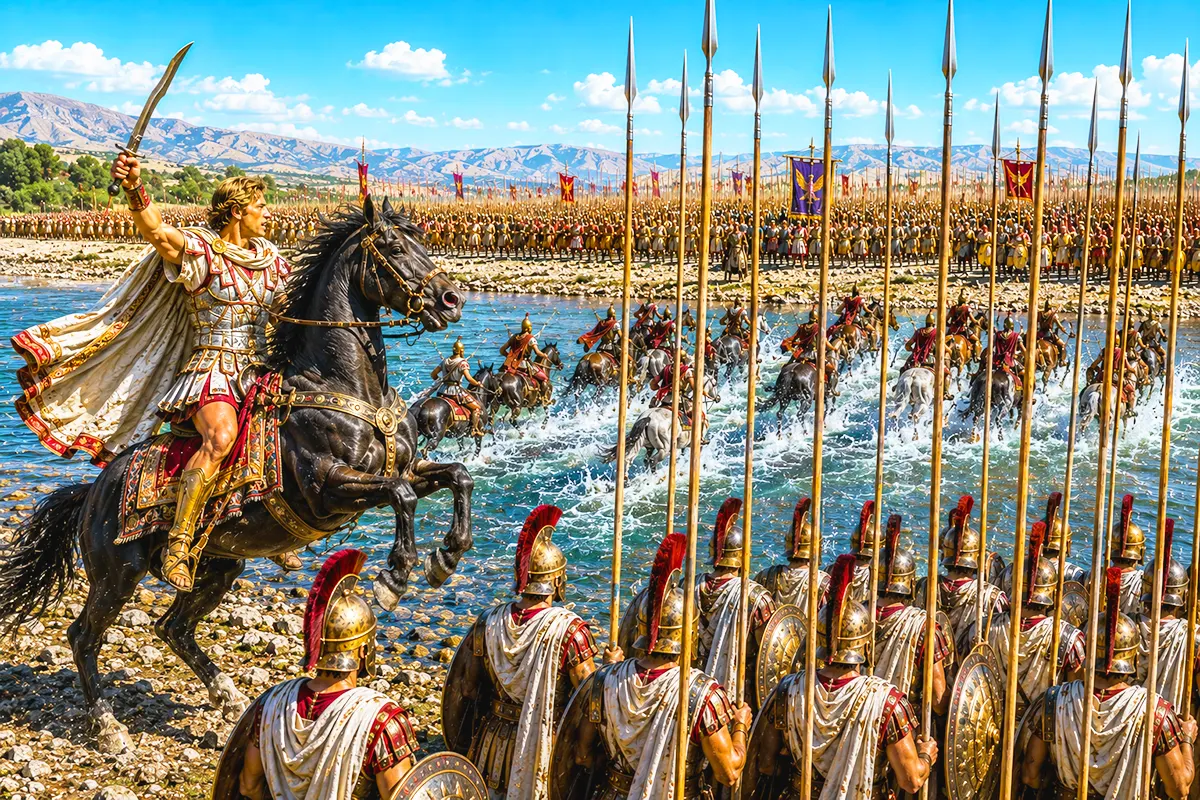 Alexander the Great ordering his men to attack the Persians at the Battle of the Granicus River
