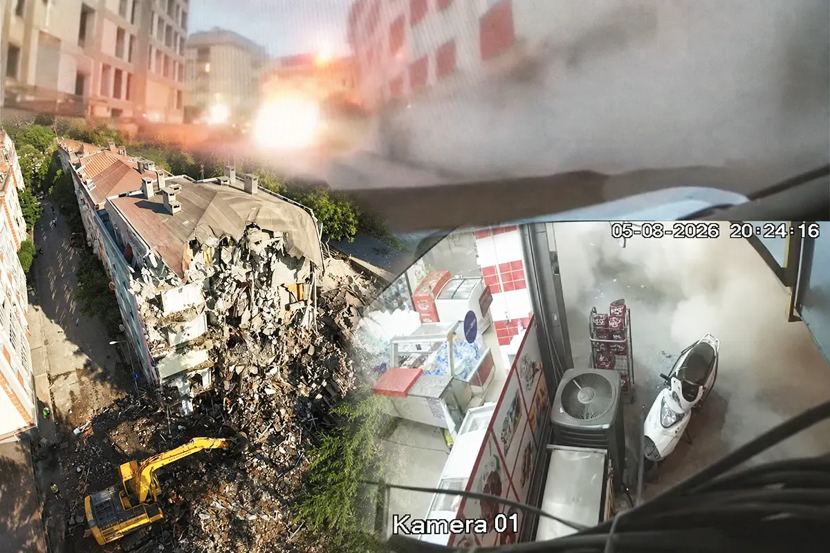 several images captured by CCTV cameras showing the moment a building collapses, and another showing the collapsed building from the air