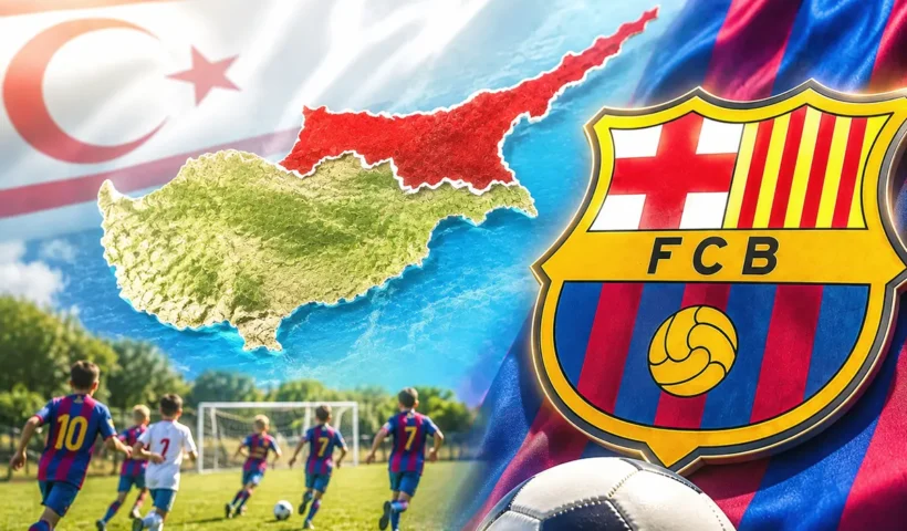imagen compuesta que muestra un mapa del norte de Chipre, la bandera turcochipriota, el escudo del Barça y unos niños jugando al fútbol