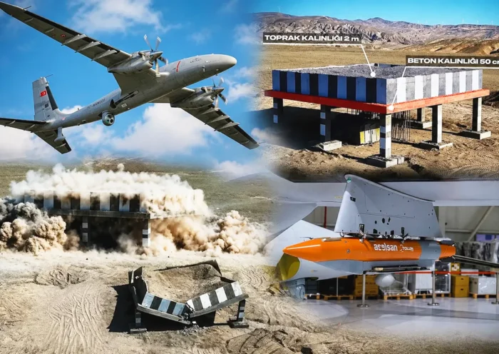 varias imágenes de un dron Akıncı lanzando una bomba antibúnker Tolun-P contras un una estructura de hormigón, que queda destrozada