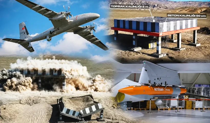 varias imágenes de un dron Akıncı lanzando una bomba antibúnker Tolun-P contras un una estructura de hormigón, que queda destrozada