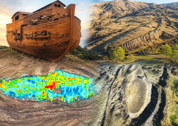 several images depicting Noah’s Ark and the mysterious boat-shaped formation at Durupınar, in Turkey