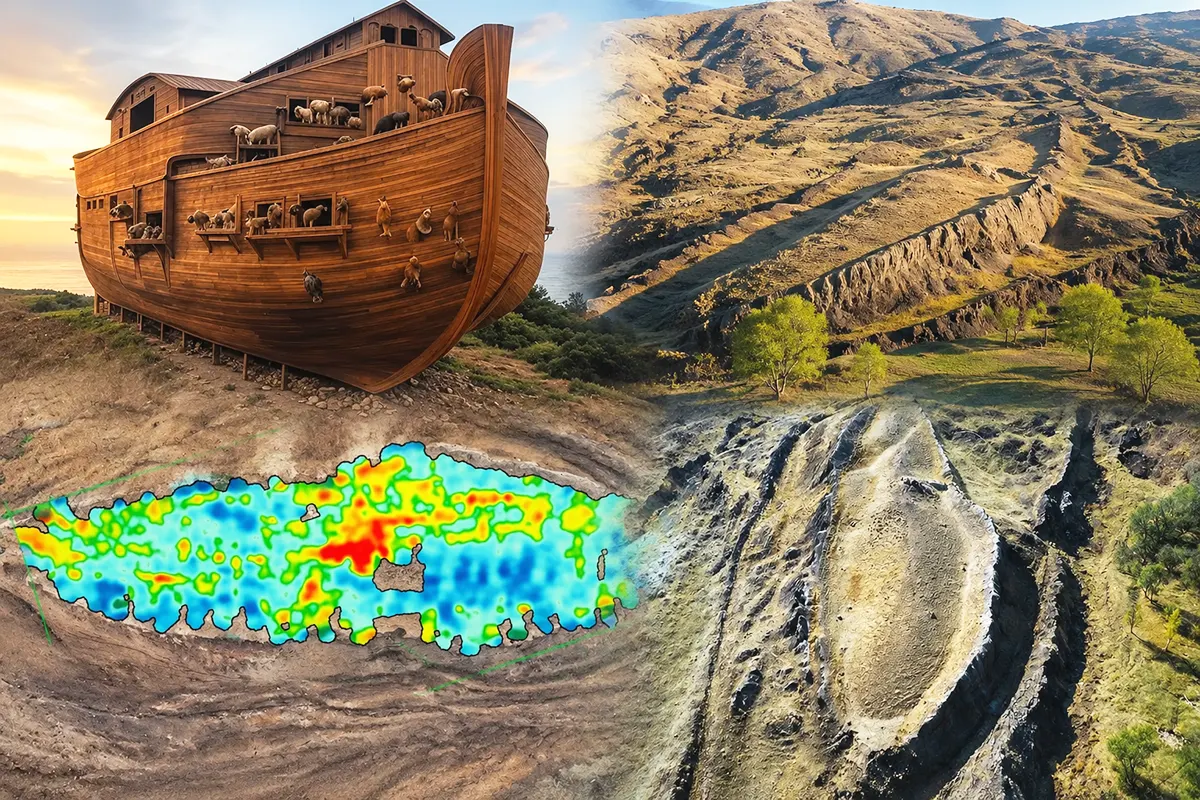 several images depicting Noah’s Ark and the mysterious boat-shaped formation at Durupınar, in Turkey