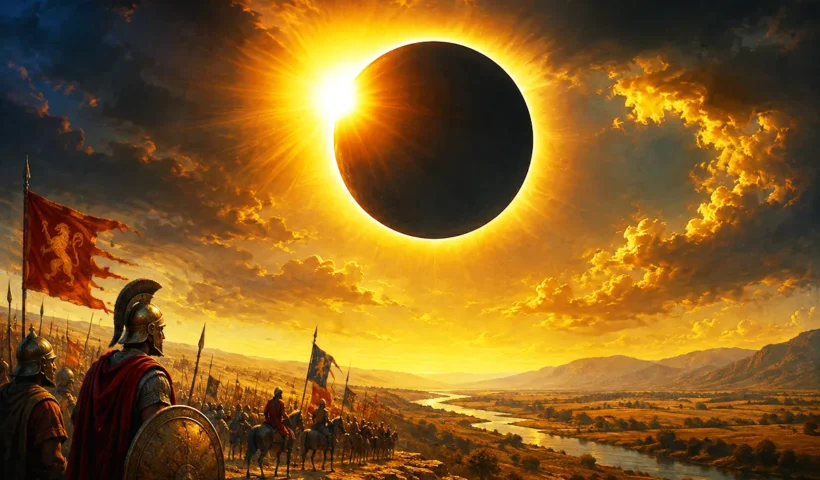 imagen representando un ejército antiguo con hoplitas en un paisaje oscuro contemplando un enorme eclipse solar en el cielo