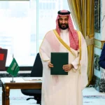 Turkish President Recep Tayyip Erdoğan, Saudi Crown Prince Mohammed bin Salman and Pakistani Prime Minister Shahbaz Sharif after signing the Mecca Defence Agreement