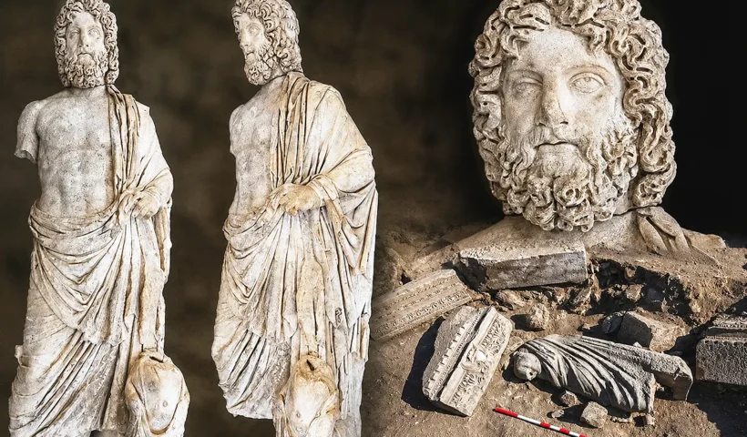 varias imágenes de una antigua estatua griega representando al dios griego Asclepios hallada en Aspendos