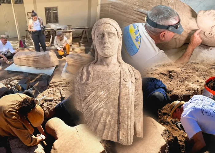 varias imágenes combinadas de una estatua lidia hallada en Sardes examinada por los arqueólogos
