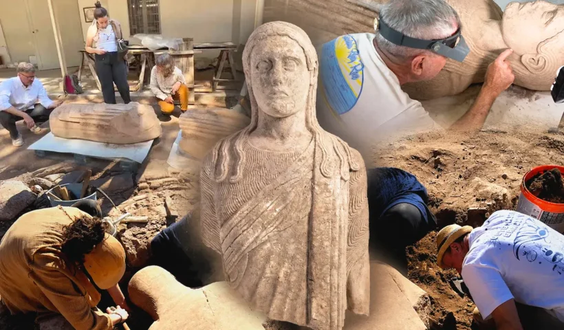 varias imágenes combinadas de una estatua lidia hallada en Sardes examinada por los arqueólogos