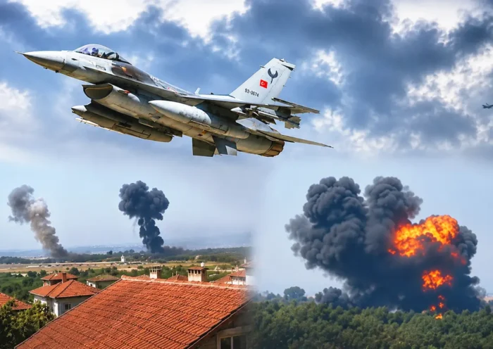 a picture of a Turkish Air Force F-16 fighter jet alongside several images of the moment the aircraft crashed, causing a huge explosion