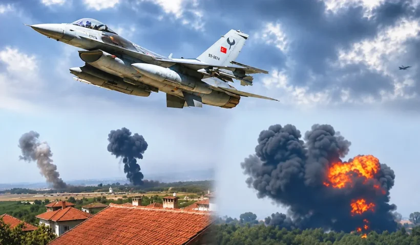 a picture of a Turkish Air Force F-16 fighter jet alongside several images of the moment the aircraft crashed, causing a huge explosion