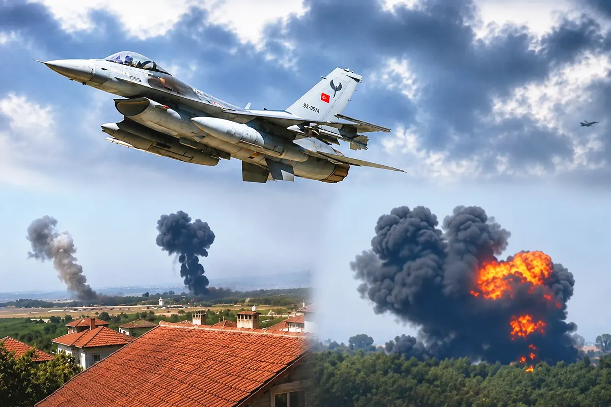 a picture of a Turkish Air Force F-16 fighter jet alongside several images of the moment the aircraft crashed, causing a huge explosion