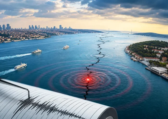 imagen representativa del Bósforo en Estambul atravesado por una falla tectónica rompiéndose y generando un terremoto