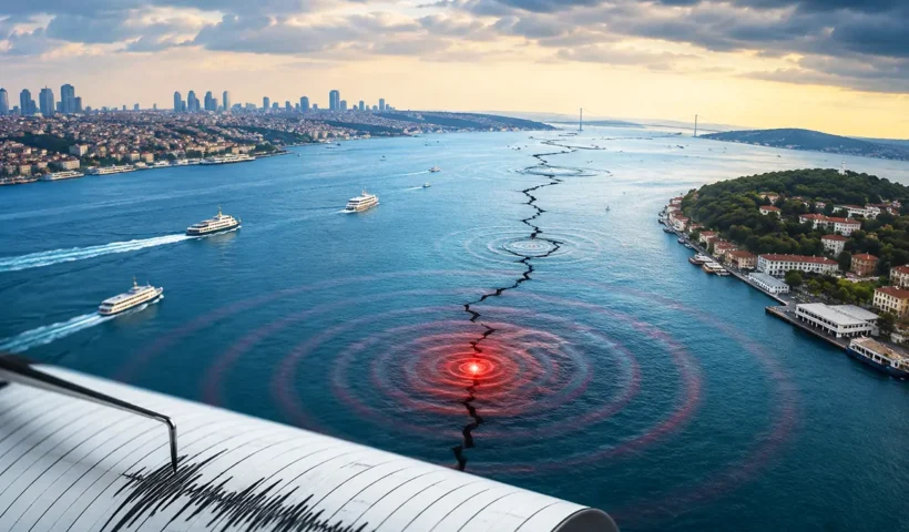 imagen representativa del Bósforo en Estambul atravesado por una falla tectónica rompiéndose y generando un terremoto