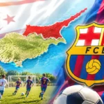 a composite image showing a map of northern Cyprus, the Turkish Cypriot flag, the Barça crest and some children playing football